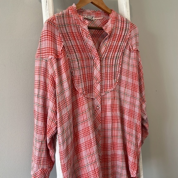 Free people distressed plaid button up tunic dress oversized xs - Picture 4 of 9